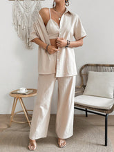 Women's Solid Color Short Sleeve Shirt, Spaghetti Strap Tank Top And Pants Set